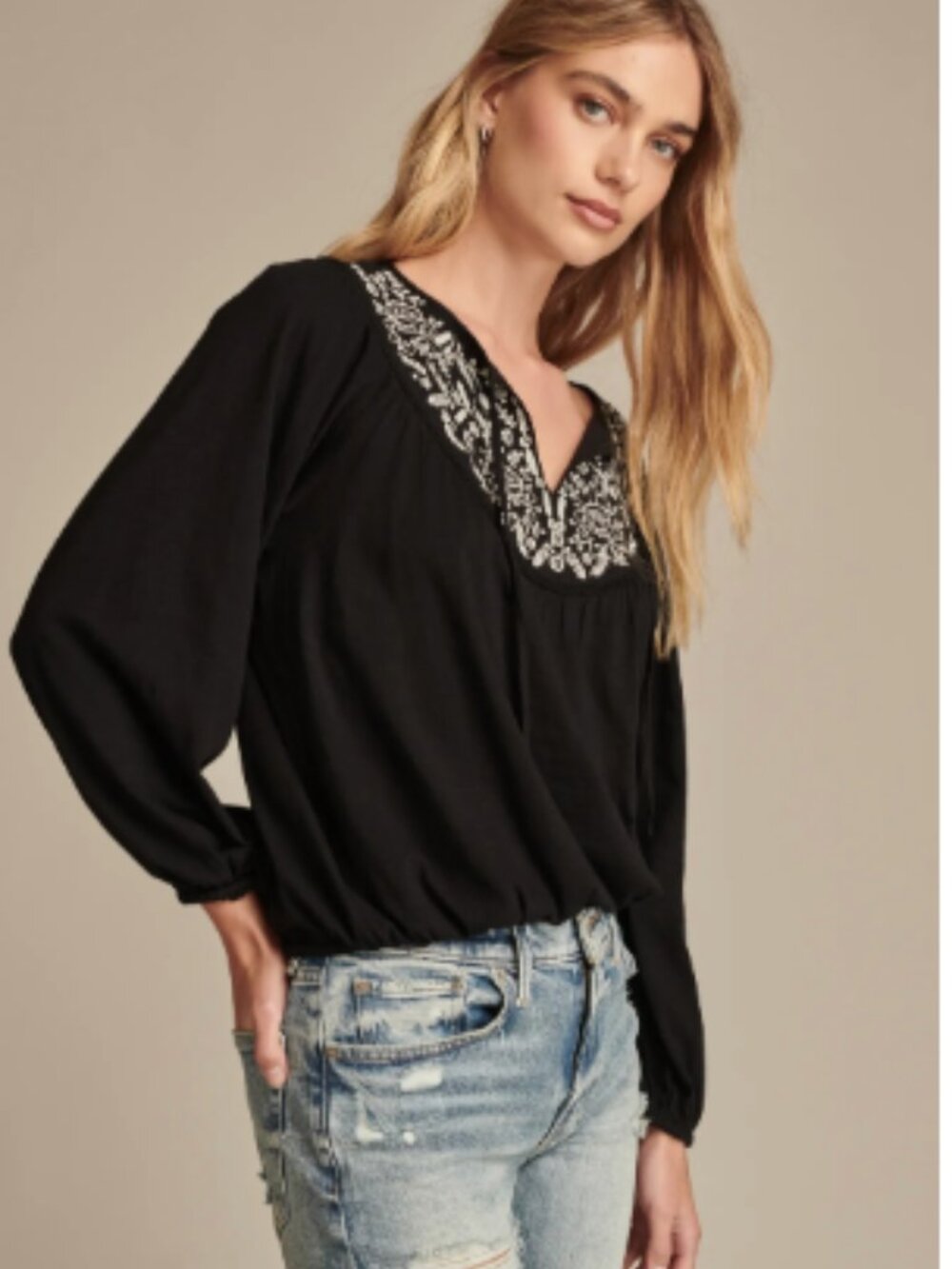 Lucky Brand Black Embroidered Boho Peasant Blouse, Size Small — New with Tags